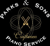 Parks and Sons Piano Logo is two tuning forks crossed with audio waves surrounding them. Parks and Sons displayed above. Piano Service displayed below. The word Craftsmen overlaying near the bottom.